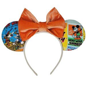 Boutique Custom Mickey/Minnie Velvet Orange Bow Ears Ear Headband Comic Strip